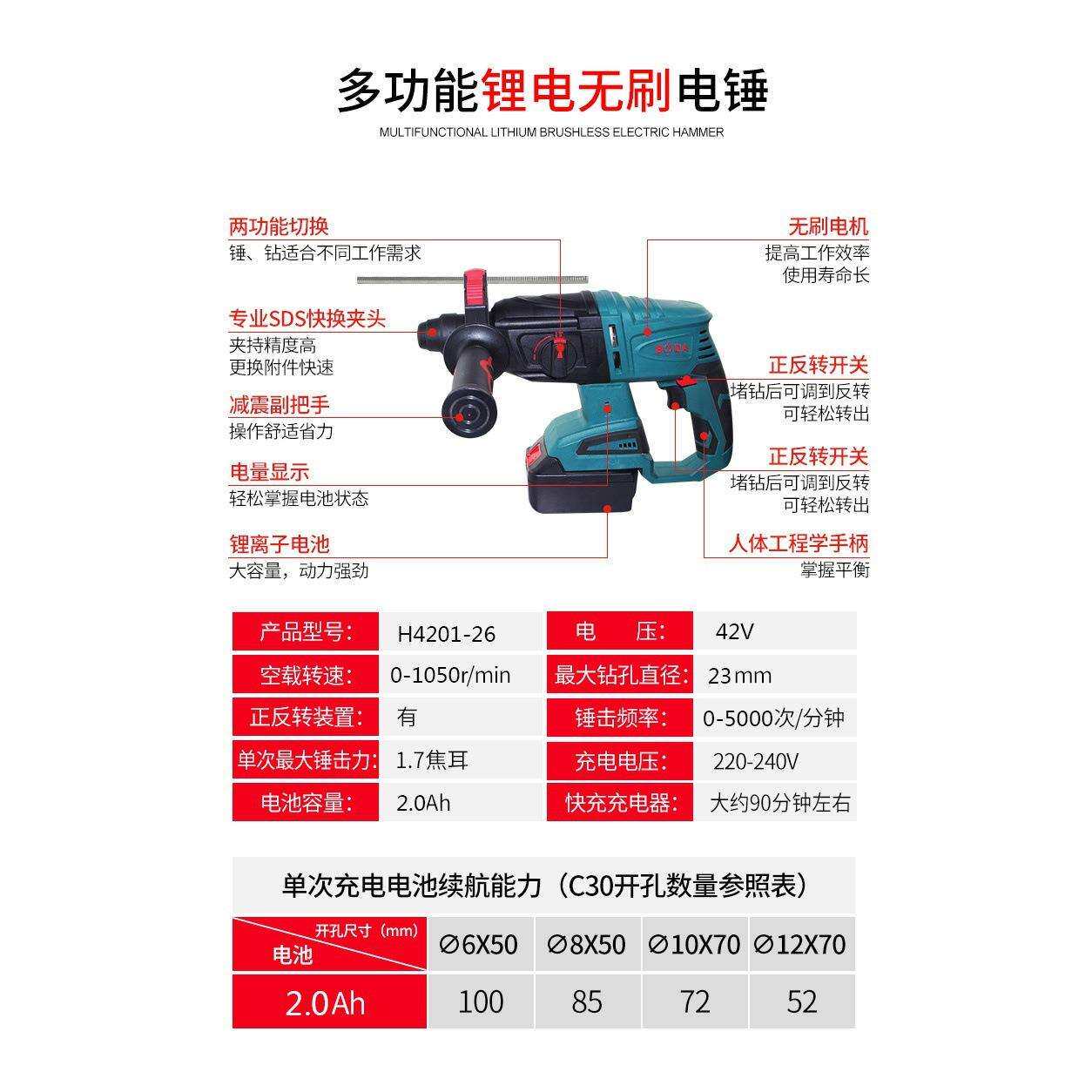 博大锂电电锤充电式冲击钻电钻二用工业级大功率多功能电动工具