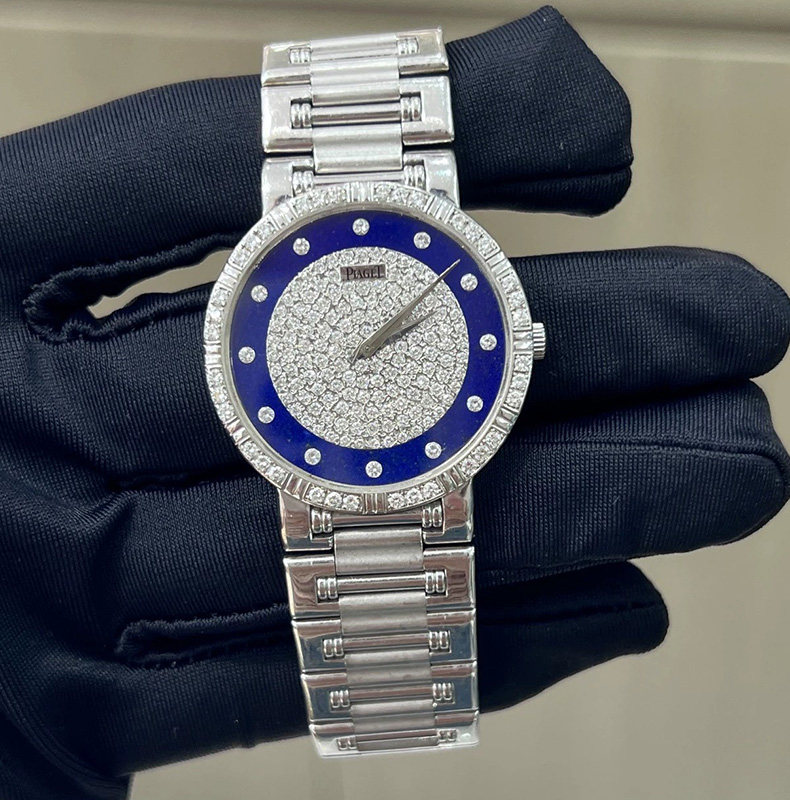 98新31mm伯爵珠宝腕表系列18K白金手动机械女表蓝盘满天星密镶钻