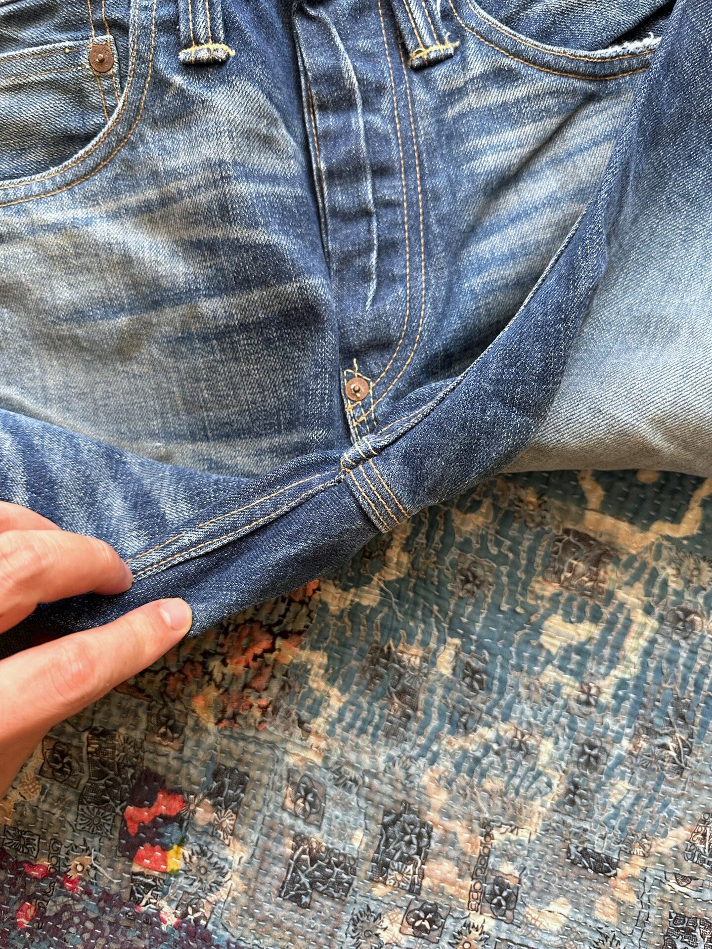 RRL Blue Distressed Washed Denim Pants — label