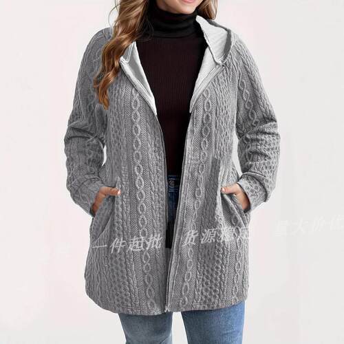 Women Fall Winter Casual Color Pocket Hooded Mid Coat