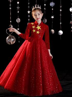 2026新款女童礼服中国风儿童主持人朗诵演出服红色公主裙中小学生