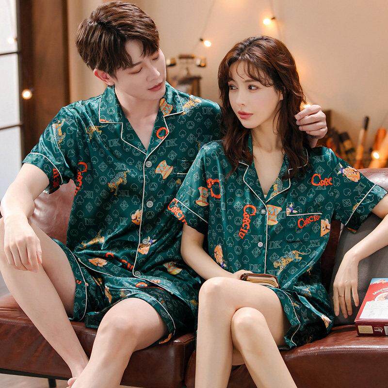 夏季丝绸情侣睡衣女士睡袍夏天短袖薄款冰丝韩版男家居服两件式套