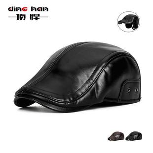 秋冬季 防寒保暖PU前进帽子男户外加绒防风中老年护耳可调节鸭舌帽