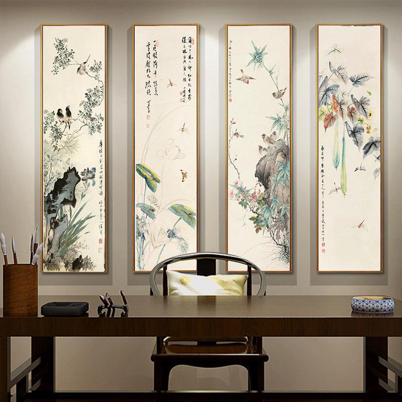 新中式客厅装饰画四联花鸟餐厅挂画现代酒店玄关走廊壁画长条竖版