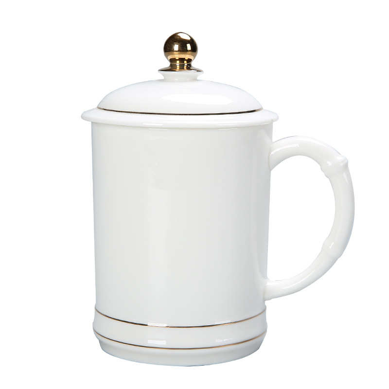 德化白瓷陶瓷茶杯办公室会议杯个人专用描金竹节杯纯白水杯礼品杯