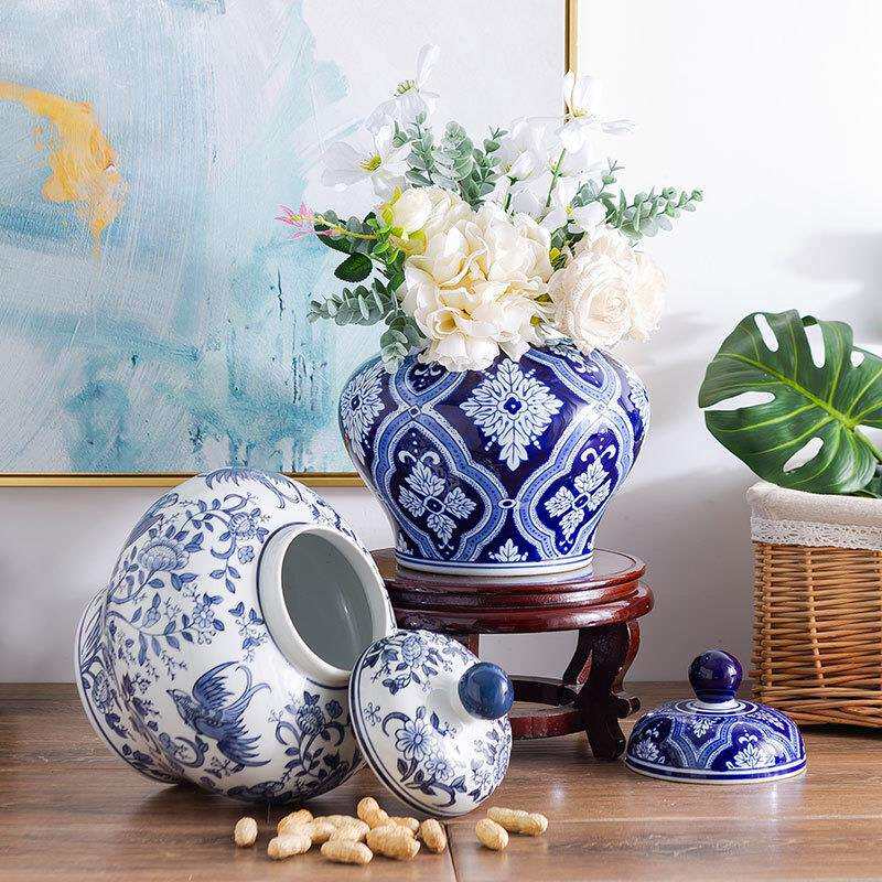 陶瓷器罐青花瓷插花插家居新中式装饰品客厅电视柜摆件花瓶手工