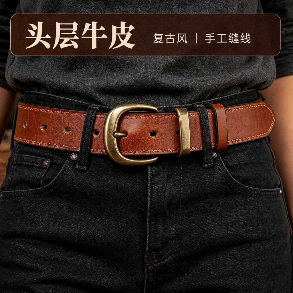复古百搭女头层牛皮铜扣腰带