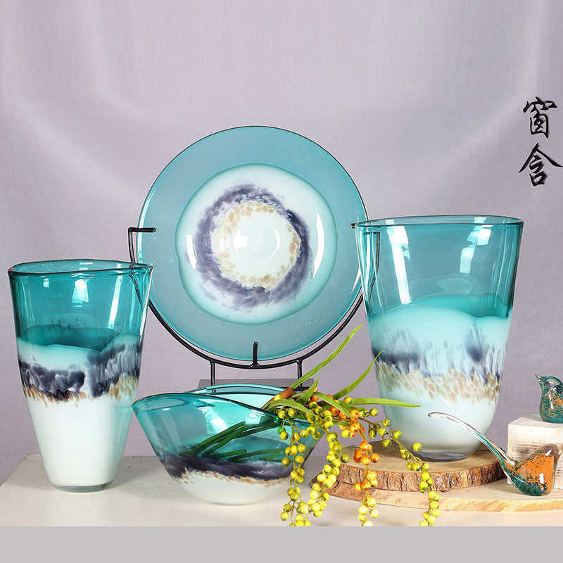现代轻奢彩色玻璃花瓶果盘果娄吹制工艺品室内酒店装饰艺术插花瓶,家居饰品,花瓶,淘宝优惠券,粉丝福利购,淘宝优惠卷