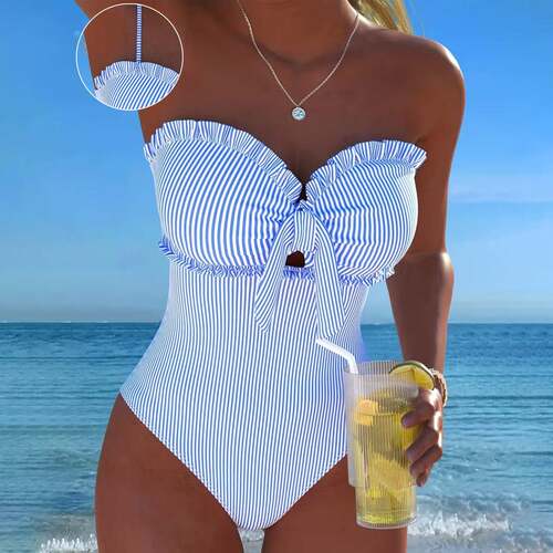 Striped detachable shoulder strap strapless one-piece