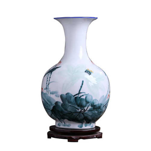 现代新中式纯手绘荷花陶瓷花瓶冬瓜瓶样板间家居饰品装饰瓷瓶摆件