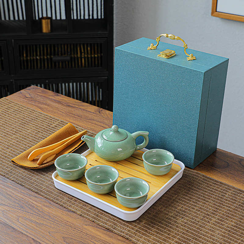 哥窑旅行便携式功夫茶具套装礼品茶盘办公瓷礼品雕刻logo一壶四杯