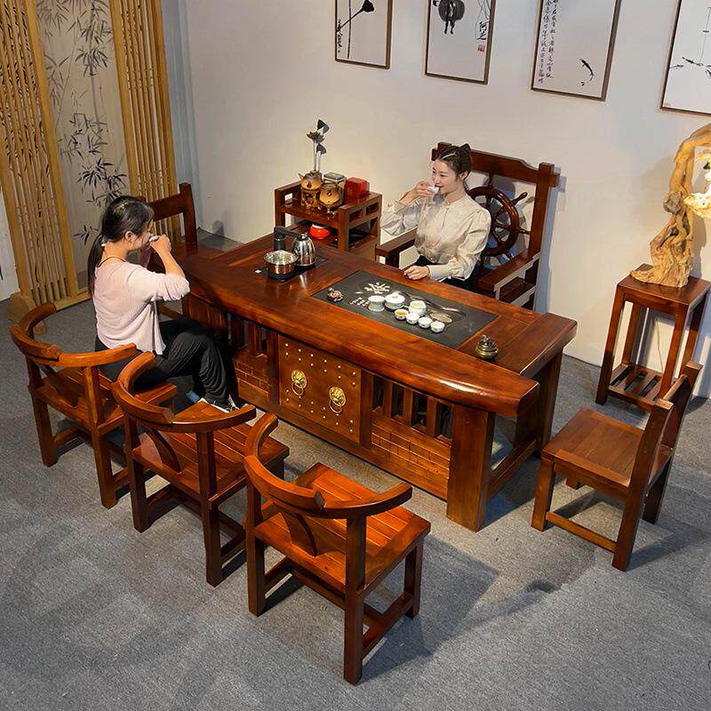 老船木办公室茶桌椅组合中式一体功夫茶几整装复古客厅实木泡茶台