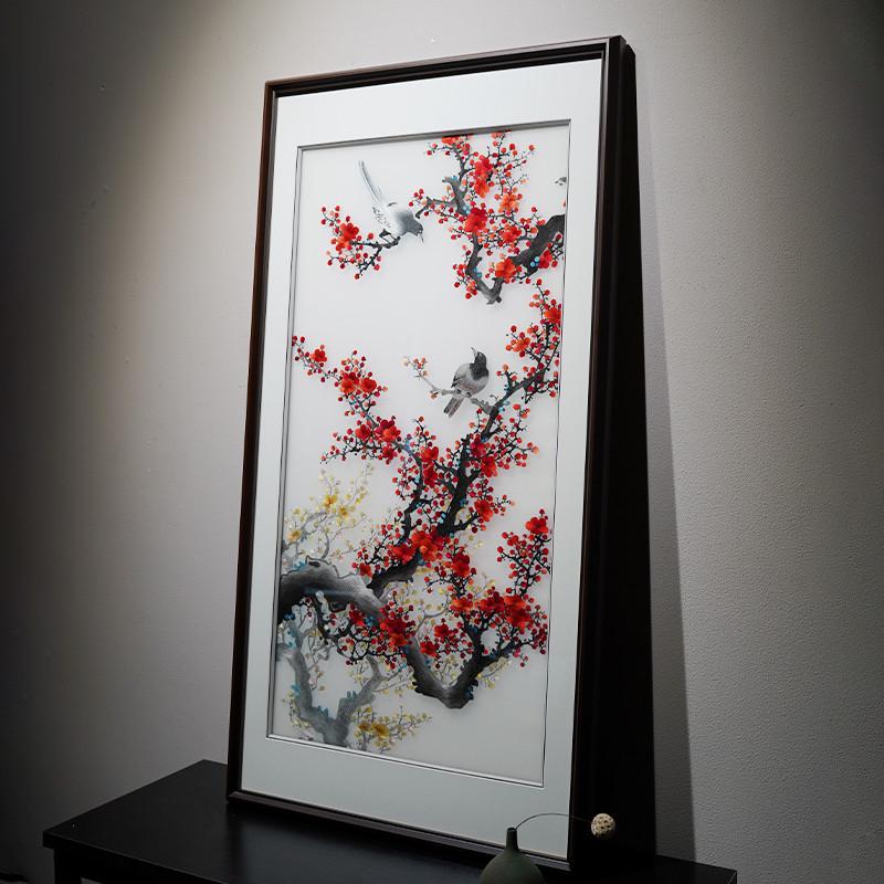 苏绣成品挂画花鸟苏州纯手工刺绣喜上枝头玄关竖版客厅装饰艺术品
