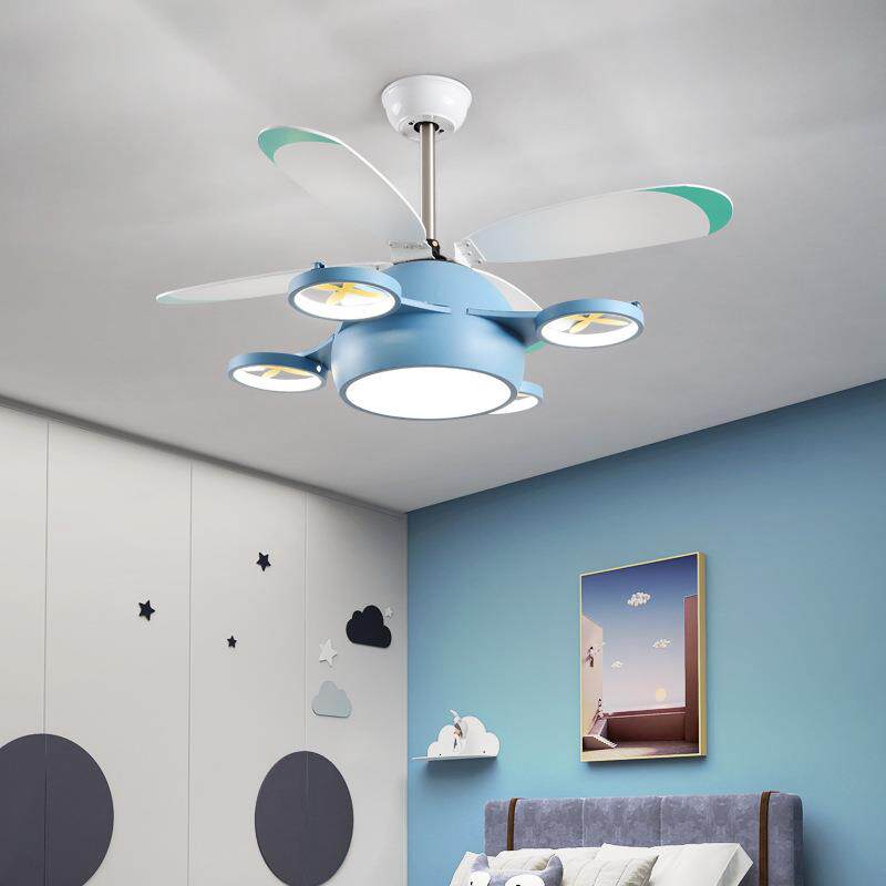 儿童房风扇灯卧室男孩女孩房间创意幼儿园装饰电风扇吊灯飞机新款