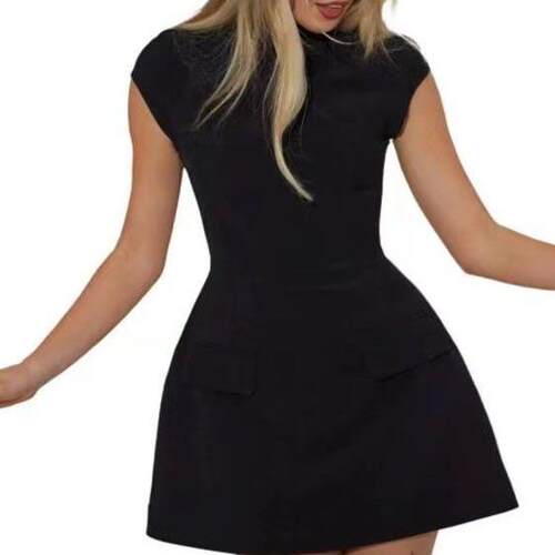 Women Summer Mini Dress Solid Color Cap Sleeve Aline Dress