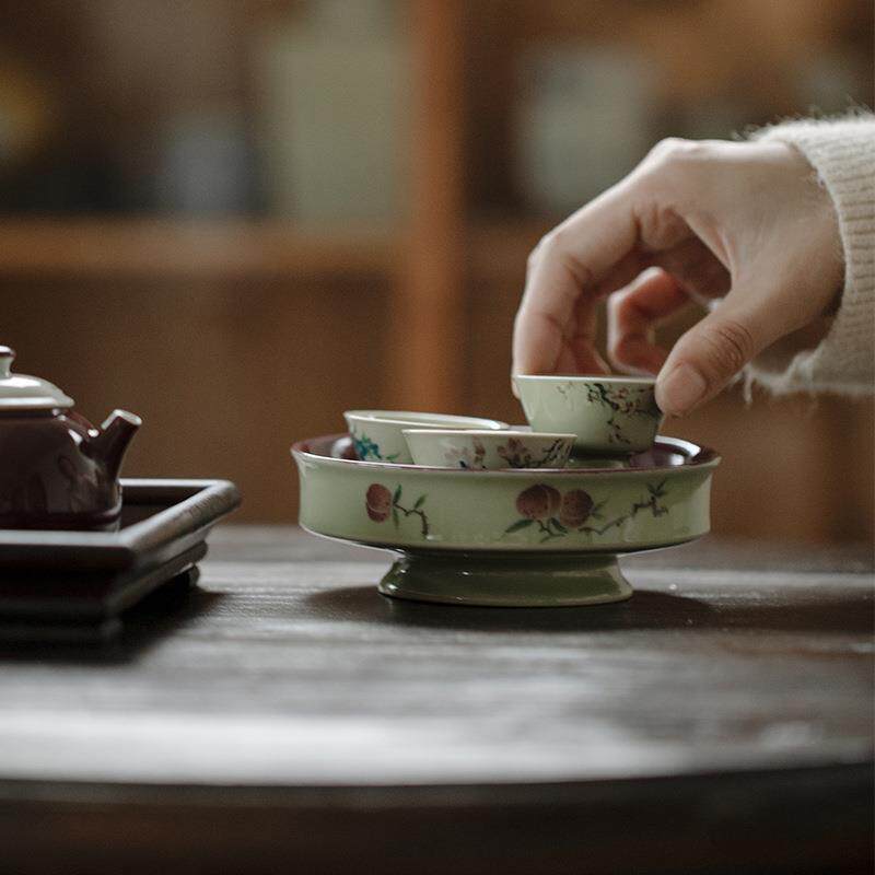 无落 景德镇葡萄紫釉下粉彩手绘桃真书怀壶承 干泡茶席干泡盘 茶