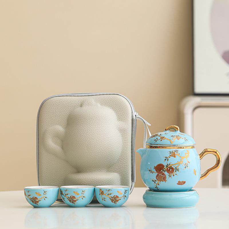 高端西湖蓝夫人陶瓷描金旅行茶具一壶三杯随身泡茶壶便携快客杯