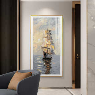 一帆风顺进门墙壁画大幅玄关装 大海挂画 饰画美式 客厅走廊过道竖版