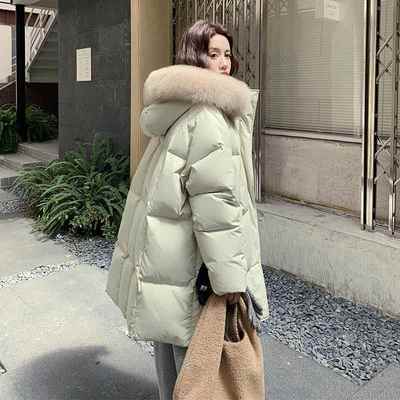 奶流绿色大领毛连帽b17-506羽绒服女冬季行爆款中长款巨看白鸭绒