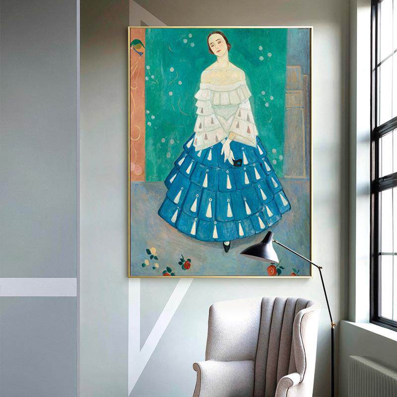 纳尔乔林蓝裙少女人北欧小众装饰画客厅餐厅艺术客栈民宿旅馆挂画