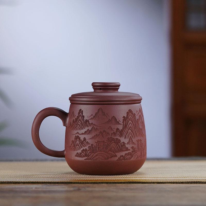 宜兴紫砂杯纯手工三件套带过滤内胆隔漏茶盖杯高端办公杯男士专用