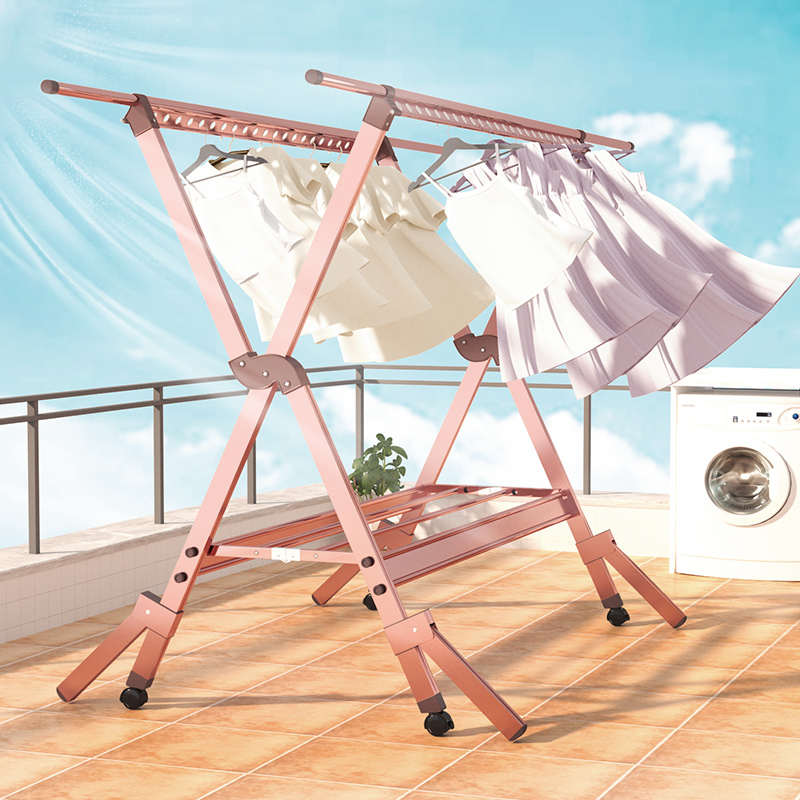 厂家批发铝合金折叠落地晾衣架阳台户外双杆式晒衣服凉被子的架子