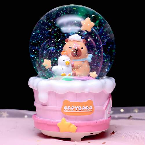 新款卡皮巴拉水晶球音乐盒飘雪可爱水豚八音盒摆件儿童女生日礼物