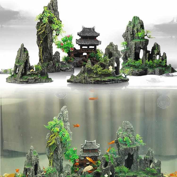 2024大型鱼缸造景假山套餐摆件水族箱装饰品石头布景树脂中号躲避