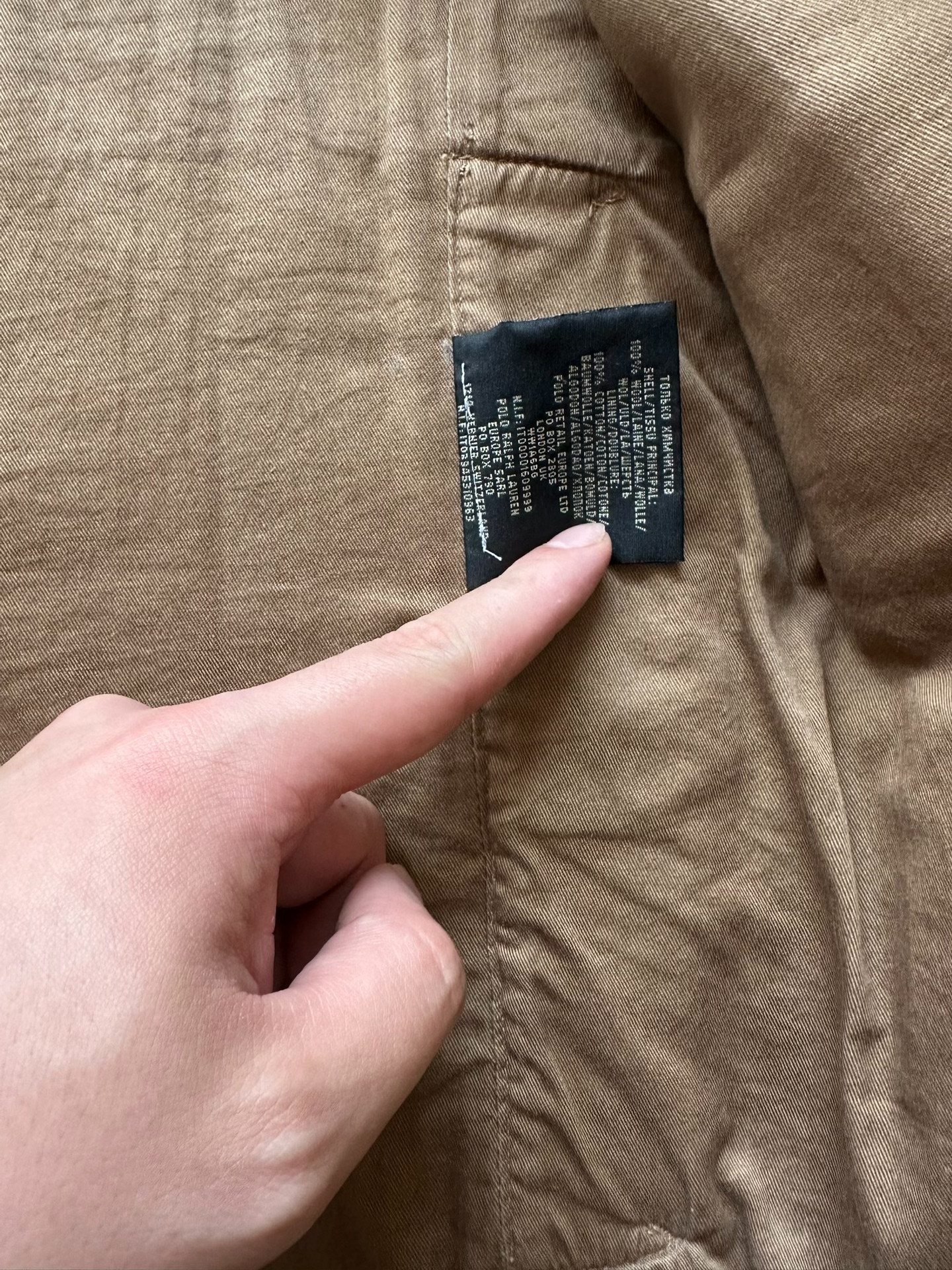 RRL Brown Herringbone Hunting Vest — label