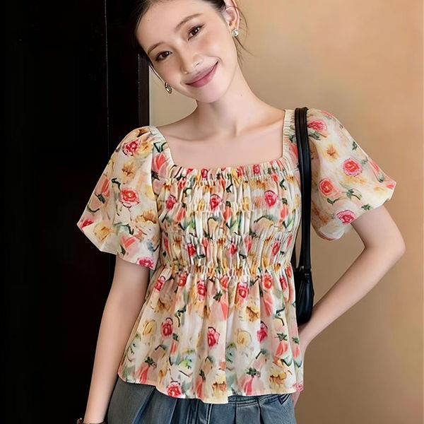 潮牌法式碎花方领泡泡袖衬衫女时尚新款超好看收腰遮肚短袖上衣潮