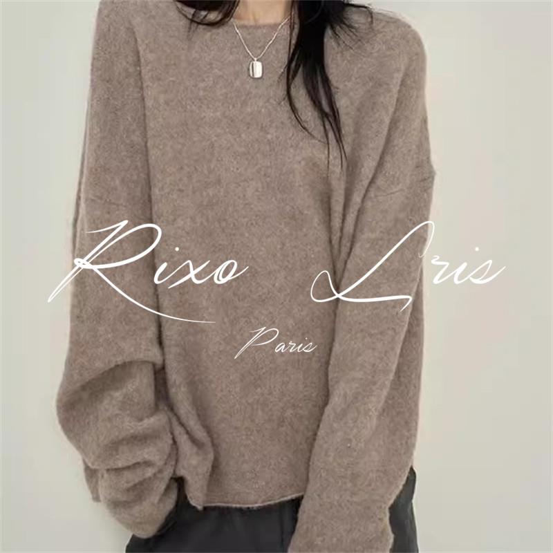 RIXO LRIS宽松一字领羊绒衫卷边打底秋季长袖针织落肩羊毛毛衣女
