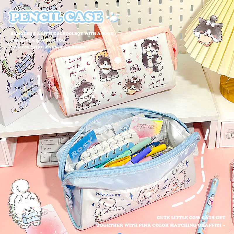 奶牛猫笔袋大容量收纳袋铅笔盒学生女文具拉链2024新初中男小物件