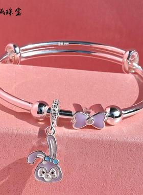 高档儿银镯纯童银镯子男女足银999小孩女银手手环童学生卡通生日