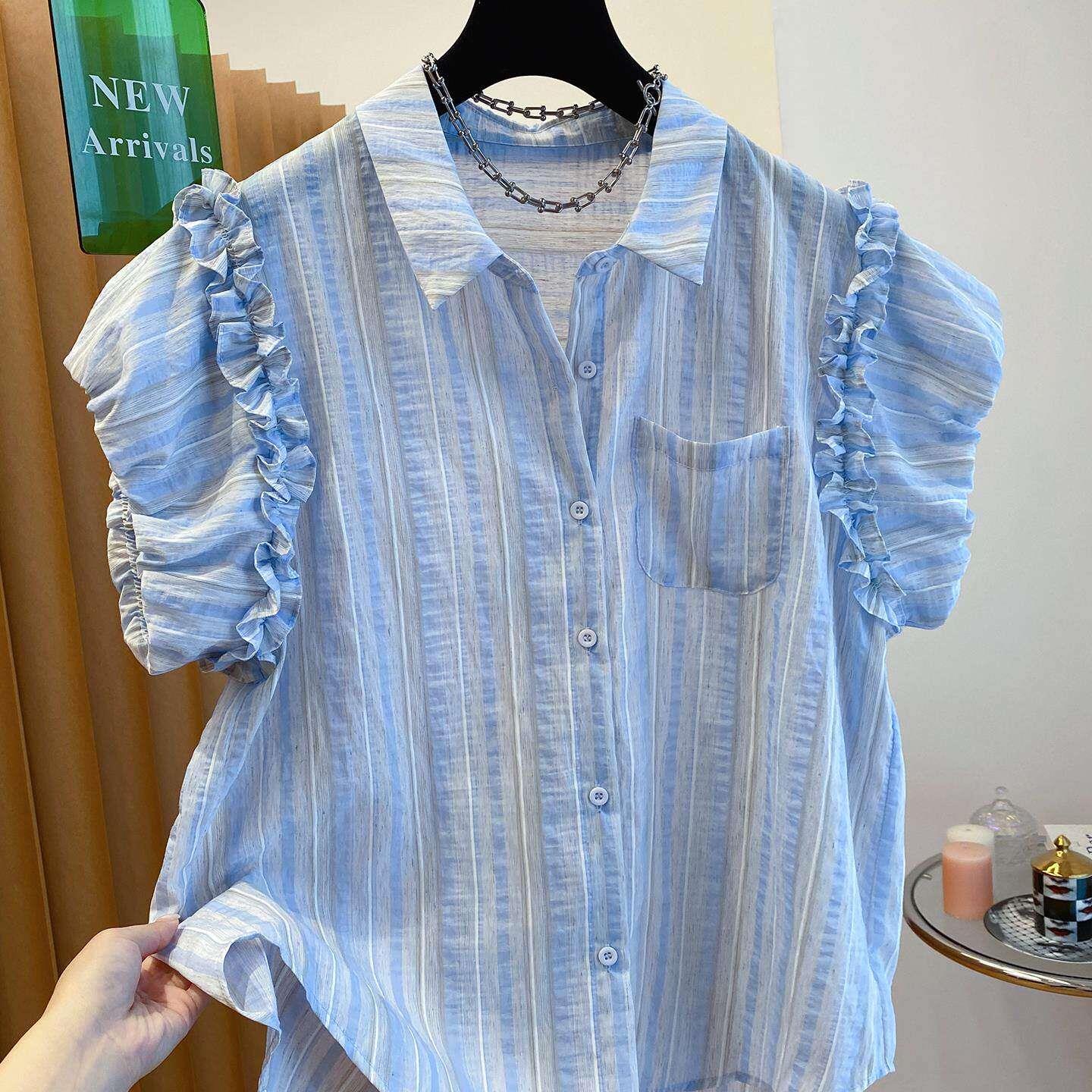潮牌高端夏季新款泡泡袖女装韩式蓝色竖条纹短袖衬衫高级穿搭上衣