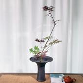 剑山池坊陶花瓶束花XCQ器磨砂黑日干式 禅瓷意复腰古鲜花花插花器