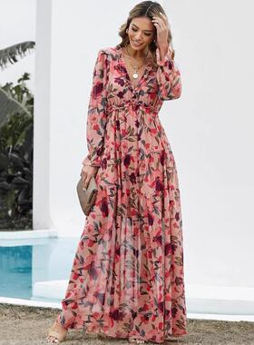 Womens Floral Print Frilled V Neck Short Sve Maxi Dress