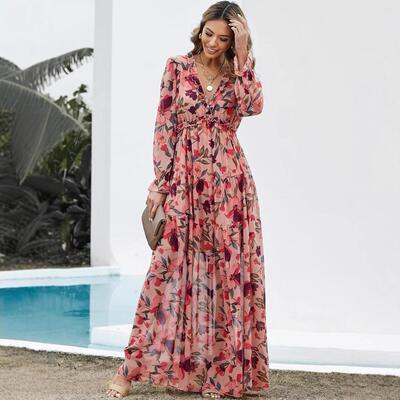Womens Floral Print Frilled V Neck Short Sve Maxi Dress