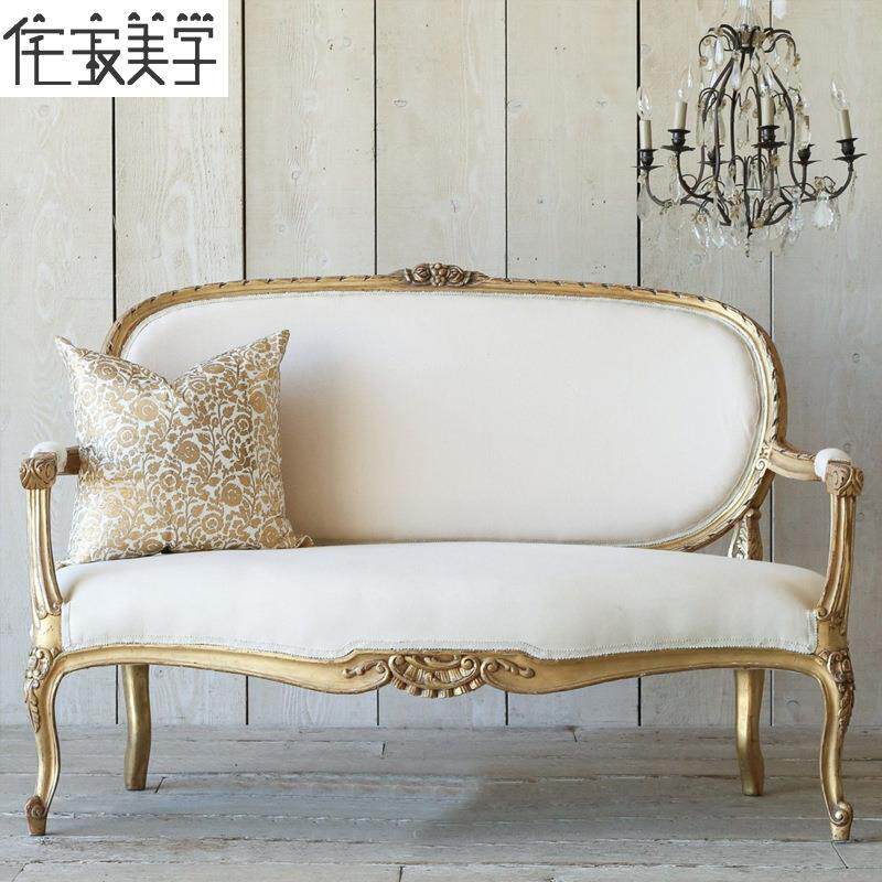 法式金色复古做旧实木双三人沙发美式乡村欧式影楼民宿拍照家具