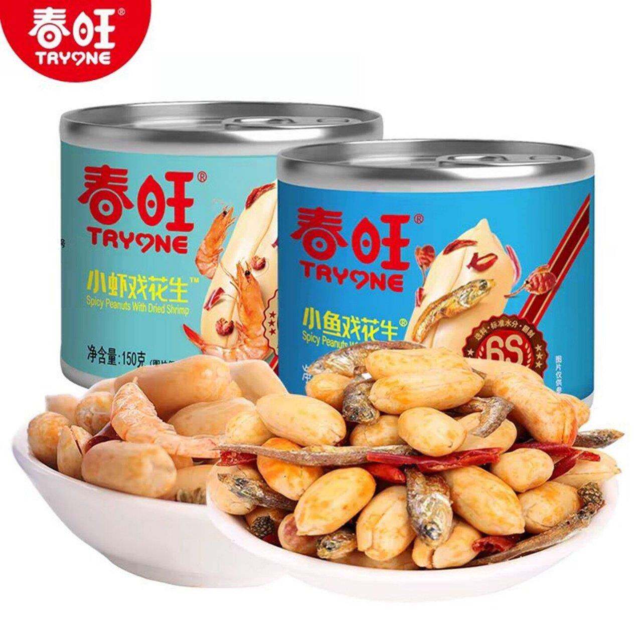 春旺小虾味小鱼戏花生麻辣味鳀鱼干花生米仁烧烤下酒菜零食铁盒装