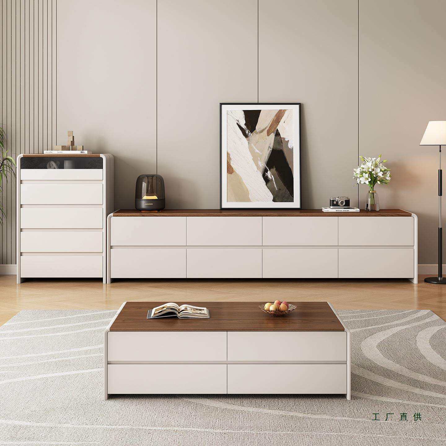 中古奶油风纯实木高款落地电视柜客厅家用收纳储物柜一体2026新款