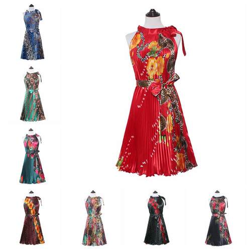 Printed pleated dress, women's sleeveless jumpsuit, mid