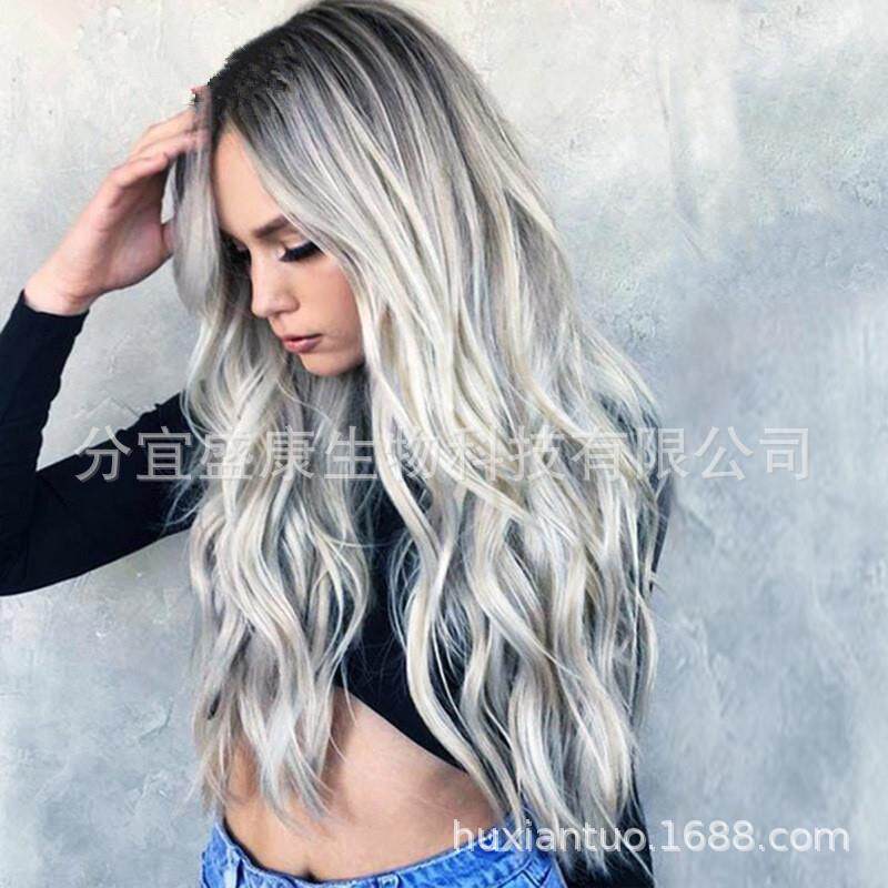 新款直销外贸Vova欧美假发中分女生时尚混色微卷中长化纤发假发套