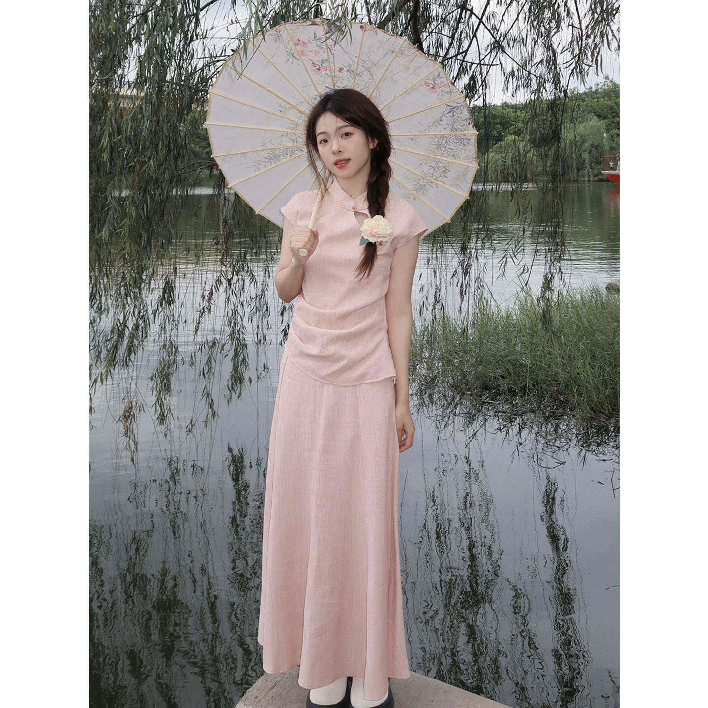 巨好看新中式套装洋装女2026新款夏季小个子气质粉色两件套裙子