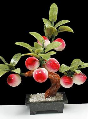 玉石寿桃子树玉器盘景家居玄关饰品仙桃蟠桃树玉雕天然工艺品摆件