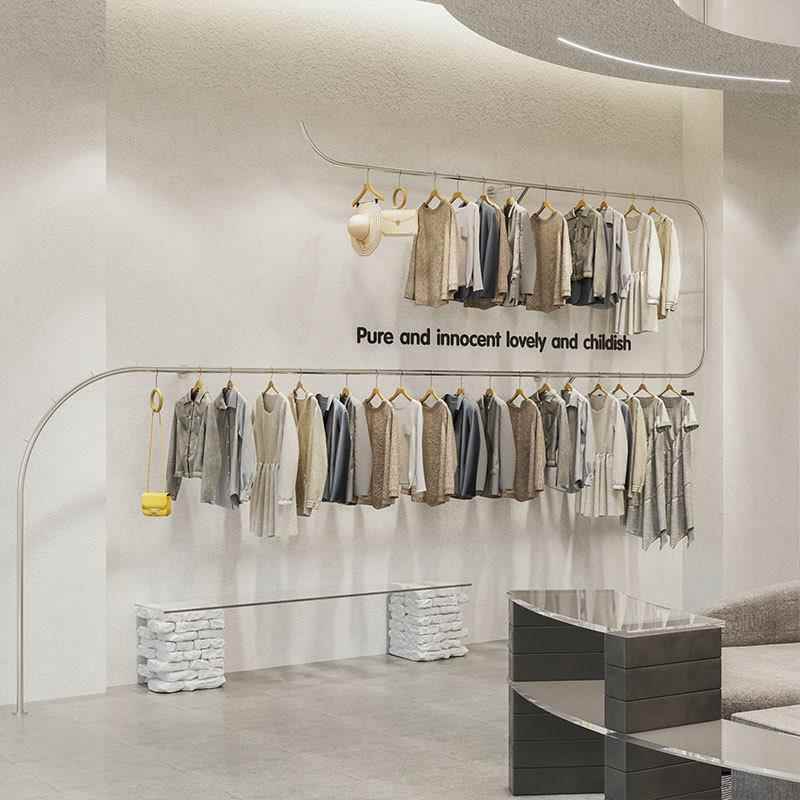 服装店衣服架创意双层不锈钢银色挂衣架女装货架陈列架上墙展示架