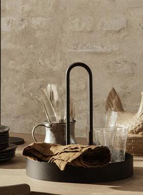 北欧风现代简约金属提手托盘水果盘圆盘餐厅客厅桌面茶几软装饰品