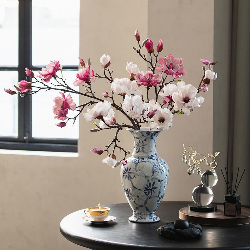 彷真花粉色玉兰新中式家居装饰花束插花餐桌花摆件摄影道具单支花
