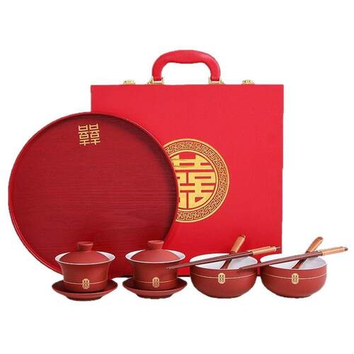 敬茶杯结婚新婚对碗筷套装茶具新人改口喜茶杯陪嫁用品红色盖碗