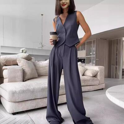 Women's collar sleeveless vest, drooping wide leg trousers