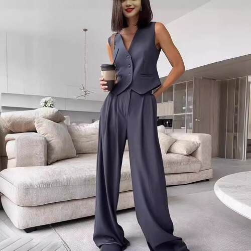 Women's collar sleeveless vest, drooping wide leg trousers